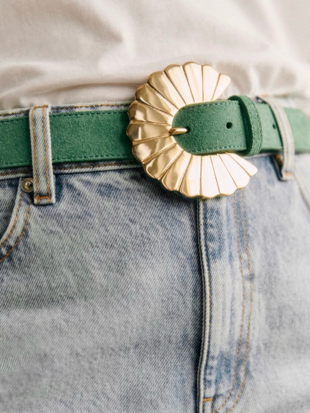 🌱Sézane Sandy Green Suede Belt with Gold Buckle | size 90 | NWT